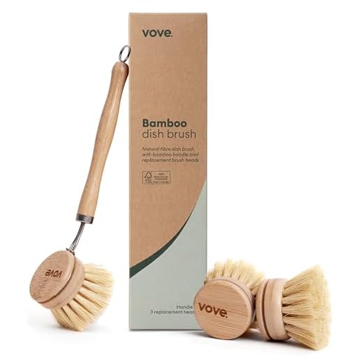 Vove | Bamboo Dish Brush | Long Lasting Brush with 3 Replacement Heads | Natural Bristle | Eco-Friendly | Wooden Dish Brush for Washing and Cleaning Pot Pan Dish Bowl |