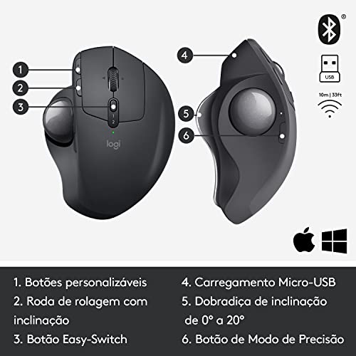 Mouse sem fio Logitech Trackball MX Ergo com Ajuste de Ângulo, Conexão USB Unifying ou Bluetooth com Easy-Switch para até 3 dispositivos e Bateria Recarregável glide