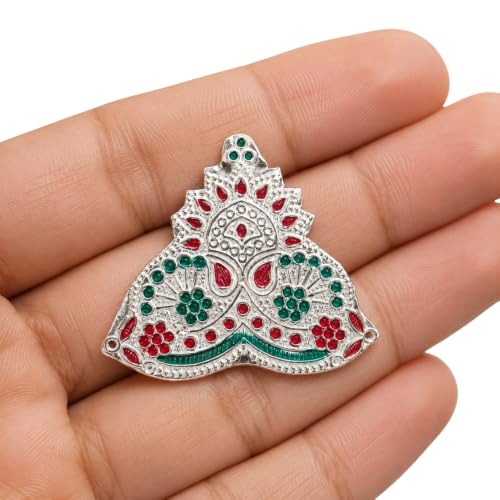 Image of Silver Decorative Mukut /Crown with Red & Green Stone Work for Pooja, Religious Decoration