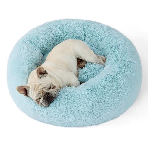 Image of Bedsure Calming Dog Bed for Medium Dogs - Donut Washable Medium Pet Bed, 30 inches Anti-Slip Round Fluffy Plush Faux Fur Cat Bed, Fits up to 45 lbs Pets, Aqua Blue