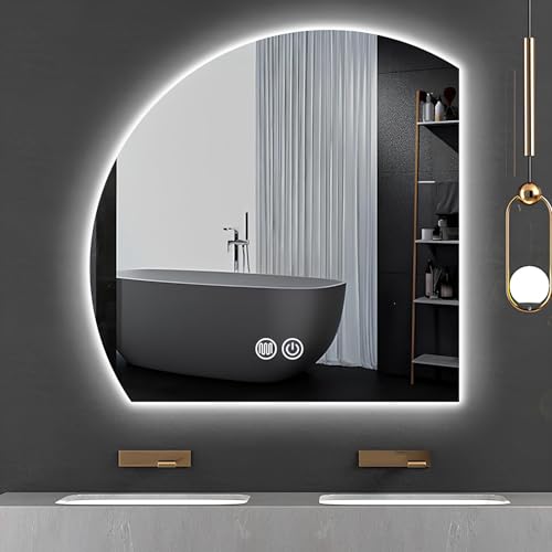 Image of Half Moon LED Wall Mirror, Modern Anti-Fog Bathroom Mirror with Lights, Frameless, 3 Colors Dimmable Makeup Vanity Mirrors with Touch(Right Cut,80cm /31.5in)