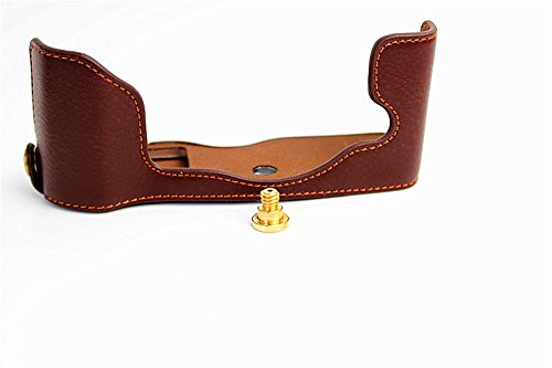 Pen-F Case, Bolinus Handmade Genuine Real Leather Half Camera Case Bag Cover For Olympus Pen-F Bottom Opening Version + Hand Strap - Coffee #TOP6