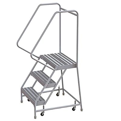 Tri-Arc WLAR103244 3-Step All-Welded Aluminum Rolling Industrial & Warehouse Ladder with Handrail, Solid Ribbed Tread, 24-Inch Wide Steps
