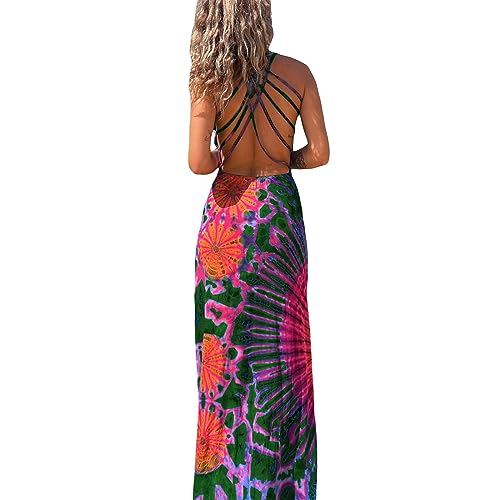 Image of Women Sexy Backless Maxi Dress Y2k Tie-Dye Print U-Neck Sleeveless Fashion Cross Backless Party Dress