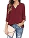 Messic Women's V-Neck Blouses 3/4 Roll-up Sleeve Button Casual Chiffon Tunic Shirt (Wine, XX-Large)