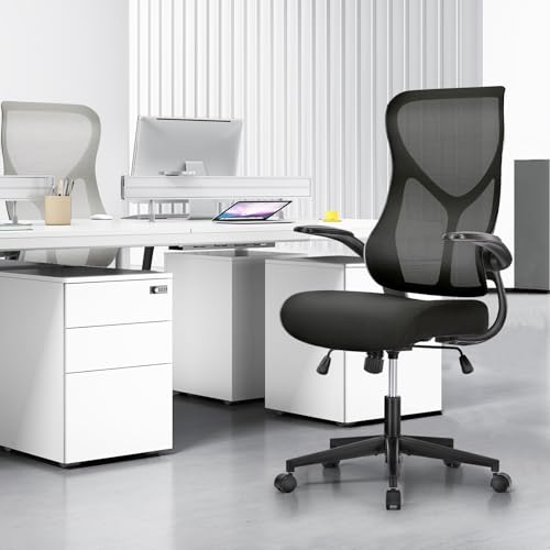 Image of DUMOS Office Managerial Executive Chair with Ergonomic Design, High Back Mesh Computer Desk Chair with Flip-up Armrests, Adjustable Height Swivel Task with Wheels, Comfy Lumbar Support, Black