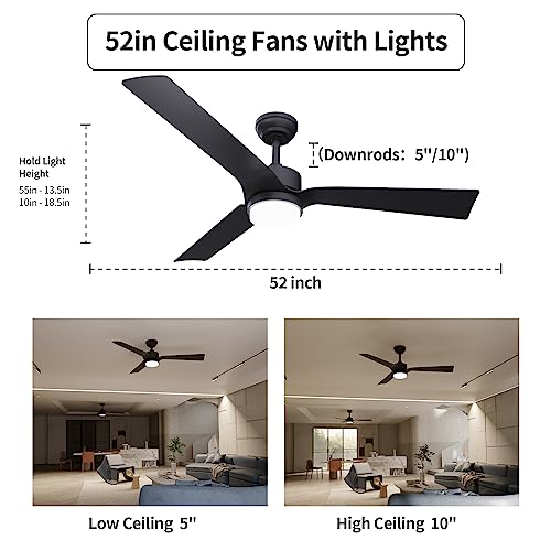 Raccroc Ceiling Fans With Lights,52In Ceiling Fan With Remote Control, With 22W Led Dimmable Lighting,6 Speeds Indoor Outdoor Ceiling Fan For Bedroom/Patios/Farmhouse/Living Room,Dc Motor(Black) #TOP5