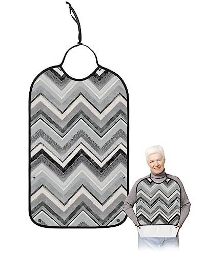 LEOKOTI Nordic Grey Stripes Adult Bibs for Eating, Waterproof Bibs with Food Catcher & Adjustable Snap Closure, Art Abstract Gray Texture Washable Clothing Protectors Adult Bibs for Elderly Women/Men