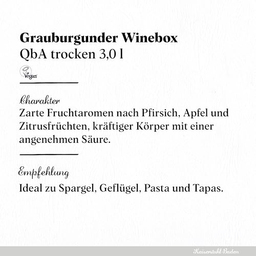 The Wine Box Grauburgunder trocken – weich & saftig mit Williams-Christ-Birne & Walnuss – Jechtinger Weißwein vom Kaiserstuhl (1 x 3,0 l Bag-in-Box)