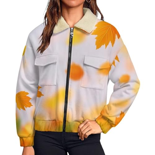 Veste polaire femme orange à motif feuilles d'érable pull chaud d'hiver avec zip et poches