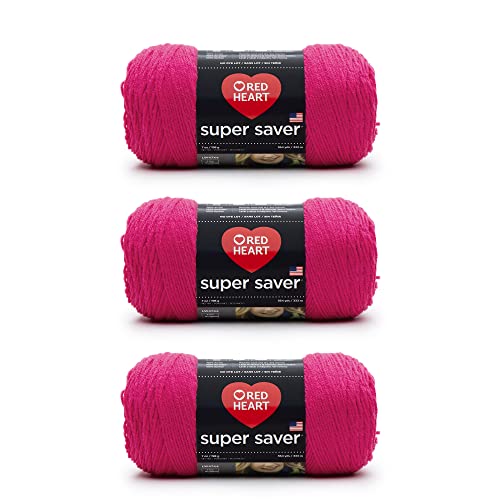 Image of Red Heart Super Saver Shocking Pink Yarn - 3 Pack of 198g /7oz - Acrylic - 4 Medium (Worsted) - 364 Yards - Knitting /Crochet