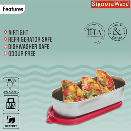 Image of Signoraware Flat Stainless Steel Oval Container | Airtight & Leakproof | Dishwasher safe | Best for School, Office, Picnics & Outdoor Activities | Great for Kids & Adults (650ml | Red)