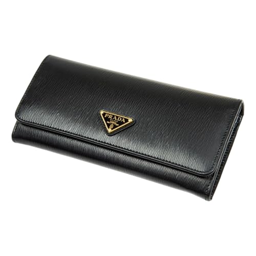 Prada Womens Vitello Move Nero Black Leather Continental Long Wallet Gold Triangle Logo 1MH1322