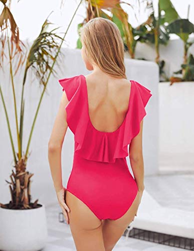 Women's Sexy V-Plunge One-Piece Swimsuit,Studio Solids Ruffle Sleeve Swimwear Bathing Suit4