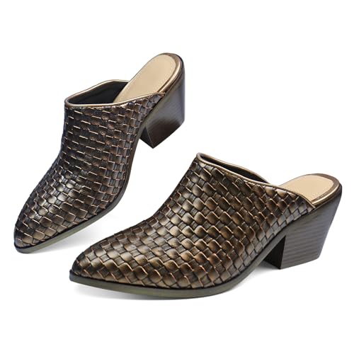POYOIOR Women’s Woven Mules Pumps Chunky Stacked Heel Slippers Closed Pointed Toe Block Heeled Platform Mules Slip on Beach Sandals Bronze Size 9.5
