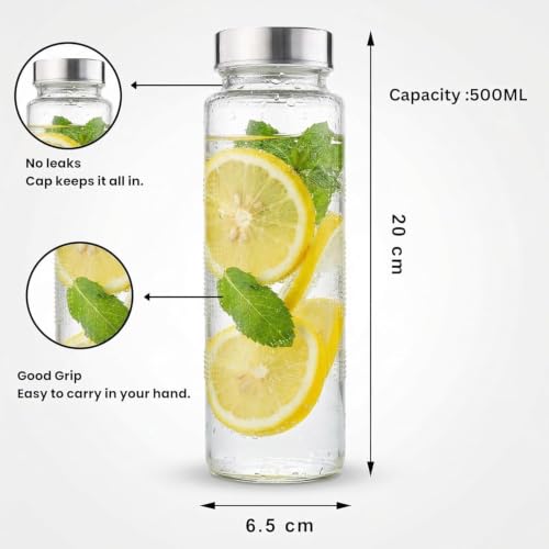 Image of CROCO JAR Wide Mouth Glass Water Bottle with Leak-Proof Airtight Double Layer Stainless Steel Lid for Water, Smoothie, Juices (500ML STEEL PK4)