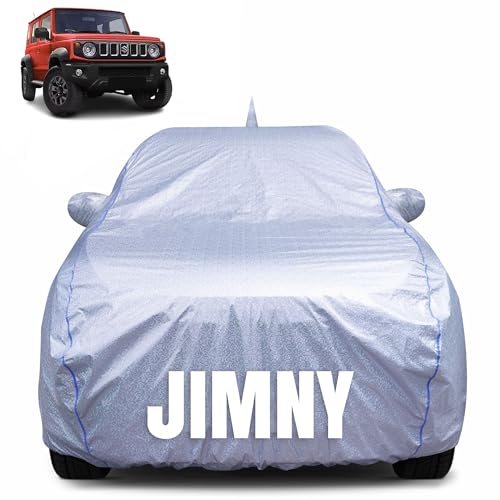 Image of 100% Waterproof Car Body Cover for Maruti Suzuki Jimny with Mirror Pocket, Heat & UV Resistant, Triple Stitched, Soft Lining, Bottom Elastic & Piping (Silver Reflective)