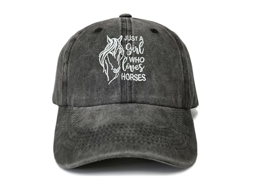 Shenbors Just A Girl Who Loves Horses Hat, Embroidered Washed Black Adjustable Cotton Baseball Cap Snap Back Hat for Women