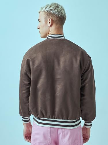 Image of Bewakoof Men's Standard Length Embroidered Oversized Fit Full Sleeve Round Neck Suede Jacket
