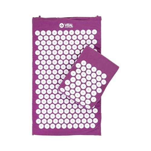 Kit d'acupression VITAL aubergine, tapis 74 x 44 cm + coussin 33 x 28 cm + sac de transport en nylon. Housse 100% coton et fleurs en plastique dur...