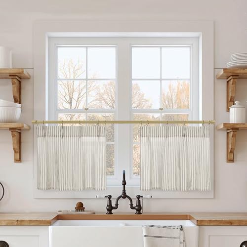 Lino Rosa 15 Inch Curtains Length,Cafe Striped Linen Farmhouse Sheer Small Window Curtains for...