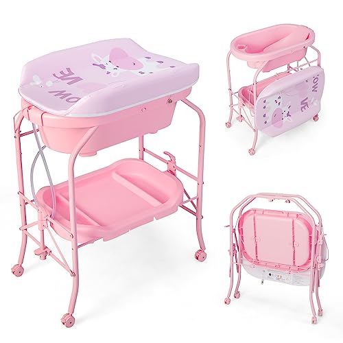 HONEY JOY Baby Changing Table with Bathtub, Foldable Infant Diaper Changing Station with Wheels, Storage Tray, Waterproof Pad, Portable Newborn Nursery Organizer Bath Stand for Boys Girls (Pink)
