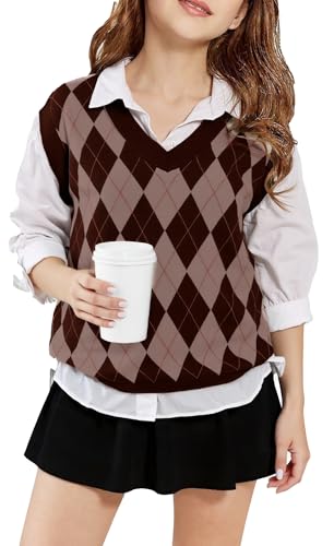 Image of SELINK Boys Girls V Neck Argyle Knit School Uniform Sweater Vest | Soft Cotton Polyester Blend Knitted Vest,Stockinette Stitch,Hand Wash Only For School Uniform Daily Wear