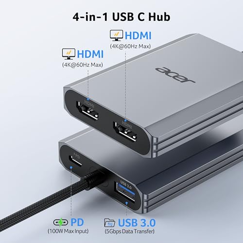 Image of Acer 4-in-1 USB C Hub, Type C to Dual HDMI Adapter 4K@60Hz, HDMI Splitter for Dual Monitors with 100W PD Port, USB 3.0, Dual Monitor Adapter for USB C Devices with DP Alt Mode (0.65FT)