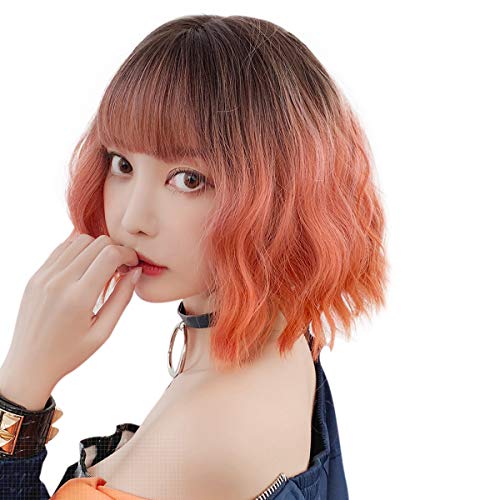 TEEMI-Short Beautiful Fluffy Highlight Blend Wavy Healthy Full Wig Natural Wigs (Orange Highlight)
