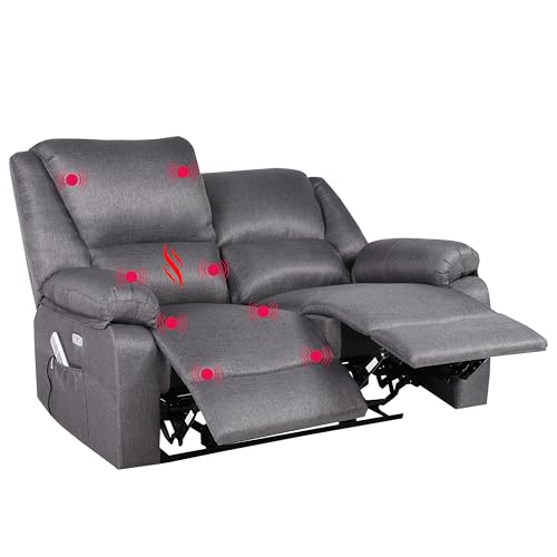 ECODE® Sofa 2 Plazas de Tela con Reclinacion Electrica Independiente y Masaje - Modo Reclinable TV Independiente en Cada Lado, 8 Vibromotores, Calor Lumbar, Doble Botonera, Doble USB (Gris)
