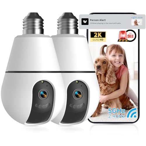 Light Bulb Security Camera,2.4G/5GHz WiFi 2K Security Cameras Wireless Outdoor Indoor,Bulb Cameras for Home Security,AI Smart Detection,911Emergency,US Based Cloud,2 Way Talk,Color Night Vision 2Pack