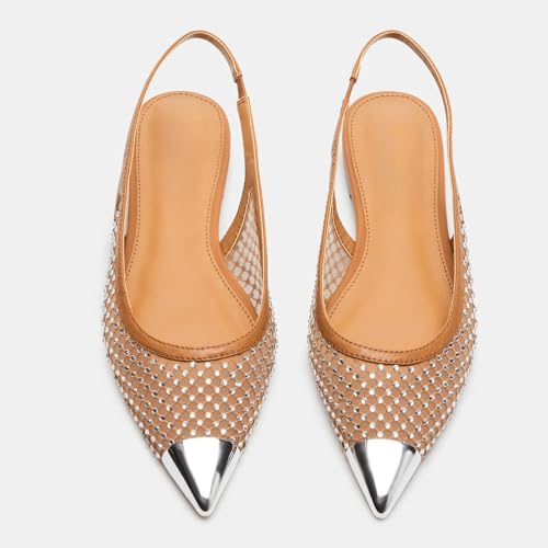Yishaweiqi Rhinestones Mesh Slingback Flats for Women Silver Pointed Toe Flat Pumps Sparkly Ballet Flats Slip On Backless Dress Shoes4
