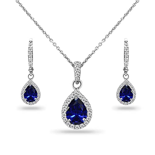 B. BRILLIANT Sterling Silver Genuine, Simulated Gemstone Halo Dainty Pear Teardrop Necklace & Earrings Jewelry Set for Women with Gift Box