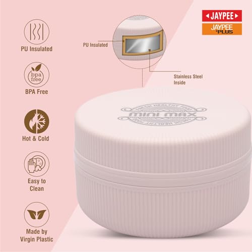 Image of JAYPEE Mini Max Lunch Box for School, Office, Ideal for Snacks and Meal, Keeps Food Hot & Fresh Insulated Stainless Steel Inner with Plastic Dish Inside for Office, College and Picnic, Pink, 500 ml