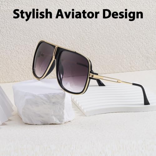 IGnaef Vintage Oversized Aviator Sunglasses for Women Men, Retro Tangle Free Square Gold Metal Sun Glasses IF33383