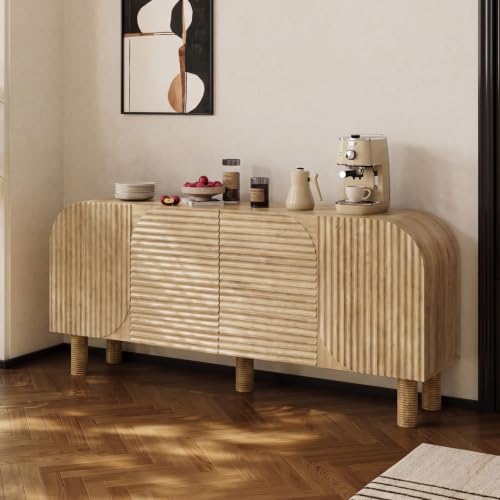 Image of 71 inch Curved Sideboard Cabinet with Storage, 4-Door Buffet Credenza,Natural | Large wood credenza features four textured arched doors, roomy storage, and anti-tip hardware for dining rooms and entryways