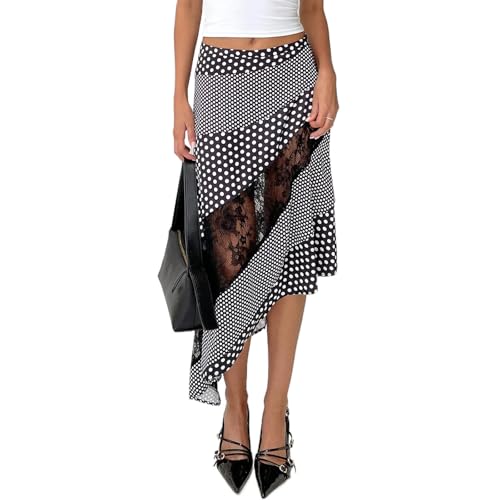 Women's Lace Long Skirts Mid Waist Solid Color Asymmetric Patchwork Midi Skirts Elegant Skirts