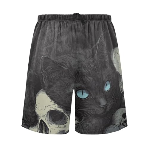 Men's Short Pajama Bottoms Hunt Cat Black Skull Home Casual Sleep Pants