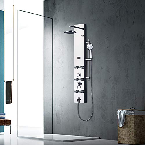 Vantory Shower Panel Tower System #304 Stainless Steel Led Temperature Display Multi-Function Massage Systerm 6 Multi-Functional Nozzles Adjustable Sliding Pole With 3-Function Hand Shower #TOP1
