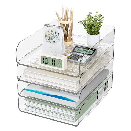 HIYOHIYO 4 Tier Clear A4 Paper Tray, Acrylic Desk Organizer