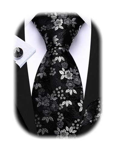 Image of Barry.Wang Flower Ties for Men Handkerchief Cufflinks Set Wedding Necktie Set Party