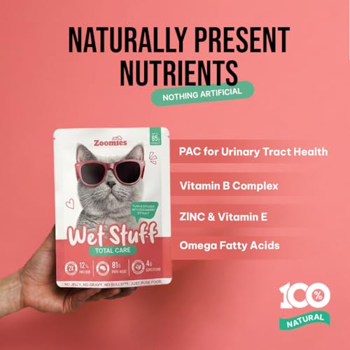 Image of Zoomies Wet Stuff Total Care Cat Wet Food, Tuna & Chicken with Cranberry Extract, 6 x 85g Pouches Pack of 6