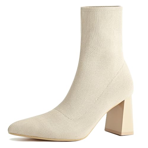 Knit Ankle Boots for Women Chunky Block Heel Chelsea Boot Stretchy Breathable Knit Sock Booties for Fall Slip On Comfortable Winter Bootie 2024 Trendy - Main Image