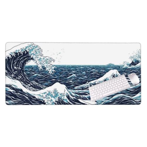 Tapis de Souris Vague Japonaise 900x500x3 MM Grand Tapis Souris XXL, Tapis de Bureau sous Main avec Base en Caoutchouc antidérapante, Tapis Souris pour Clavier et Bureau, Decoration Maison S-10551