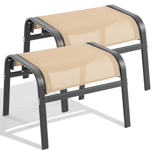ONBRILL Outdoor Ottoman Set of 2 All Weather Outdoor Foot Stool with Supportive Textliene and Metal Frame Stackable Oversized Outdoor Foot Rest for Furniture Patio Garden Pool Beige