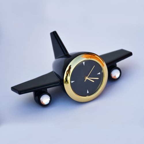 Image of Saugat Traders Airplane Table Clock Showpiece - Analog Aeroplane Clock for Office Desk, Study Table - Corporate Gift for Client, Employees, Men, Boys (Black), Stainless Steel, 10x5 Cm