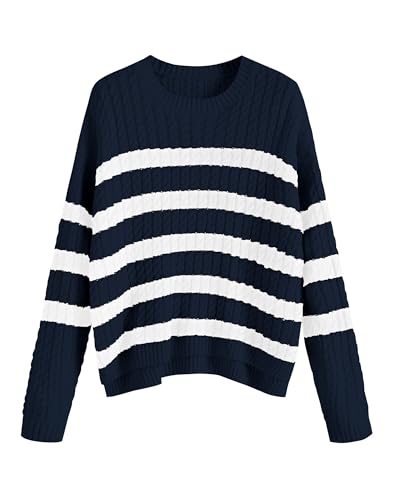 Image of ZAFUL Women's Striped Sweaters Casual Crew Neck Long Sleeve Pullover Oversized Cable Knit Loose Jumper Tops