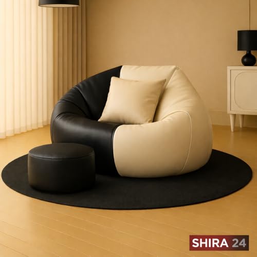 Image of 4XL Tear Drop Bean Bag Chair with Footrest & Pillow | Premium Leatherette Bean Bag Cover (Without Beans) Upto 150 Kg Capacity | Living Room Lounger (Black::Cream, XXXXL)