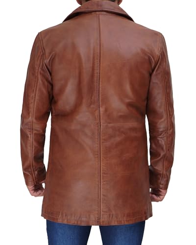 Image of Blingsoul Men Leather Coat, Long Leather Jacket Mens | Real Lambskin Leather, Mid-Length Cut, Lapel Collar, Concealed Buttons, Fully Lined, Wind Resistant,