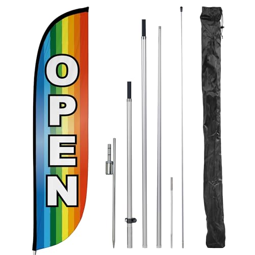 Image of LookOurWay Feather Flag Pole Kit - 12 Feet Tall Advertising Flag Banner with Fiberglass Pole Kit and Ground Spike for Business Promotion - Grand Opening Flags - Open Rainbow (10M1200272)